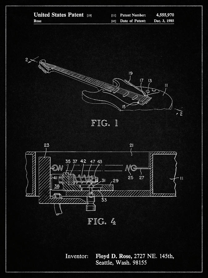 Guitar Still Life Digital Art - Pp819-vintage Black Floyd Rose Tremolo Patent Poster by Cole Borders