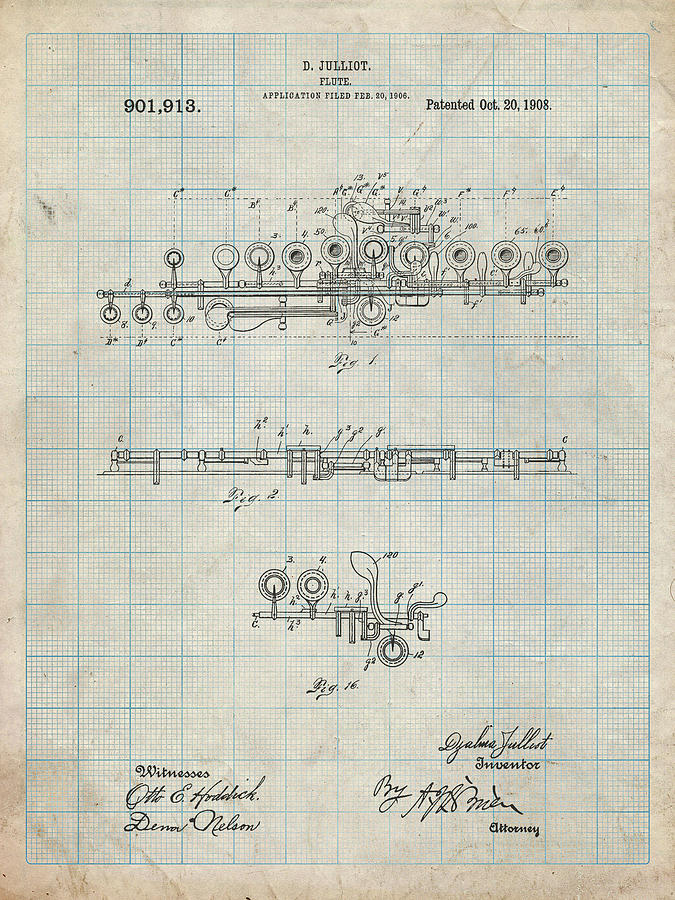 Flute Digital Art - Pp820-antique Grid Parchment Flute 1908 Patent Poster by Cole Borders