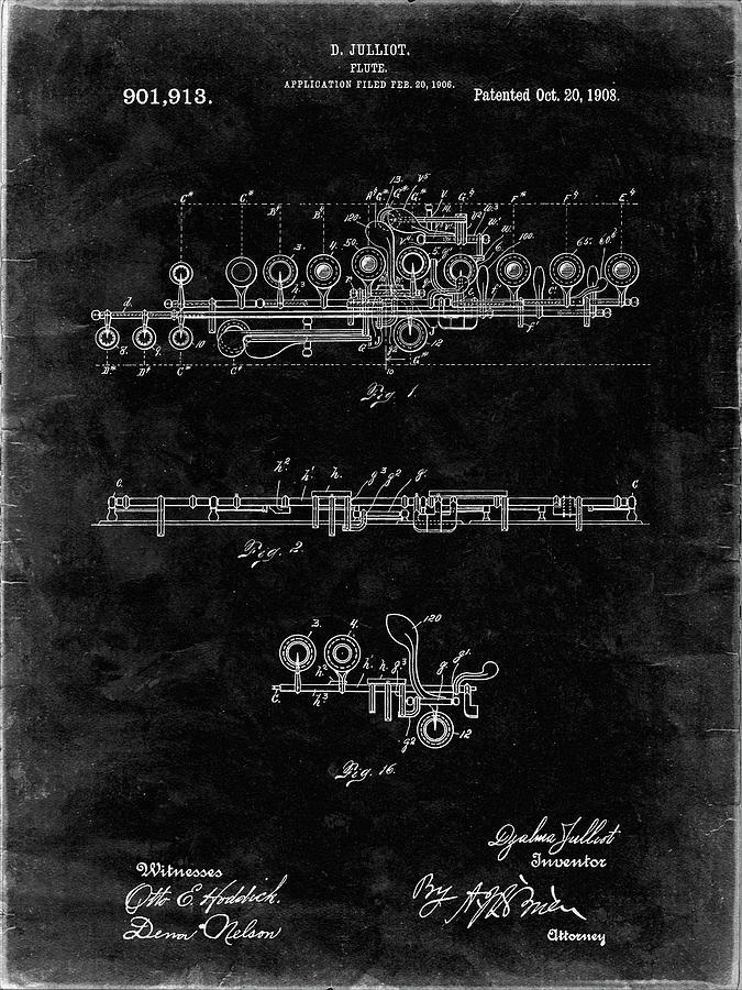 Flute Digital Art - Pp820-black Grunge Flute 1908 Patent Poster by Cole Borders