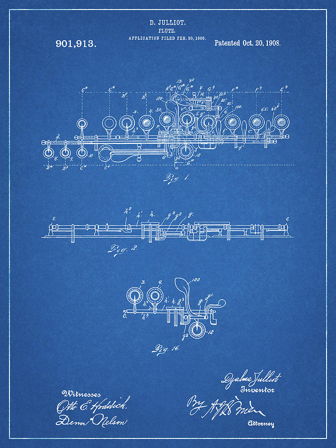 Flute Digital Art - Pp820-blueprint Flute 1908 Patent Poster by Cole Borders
