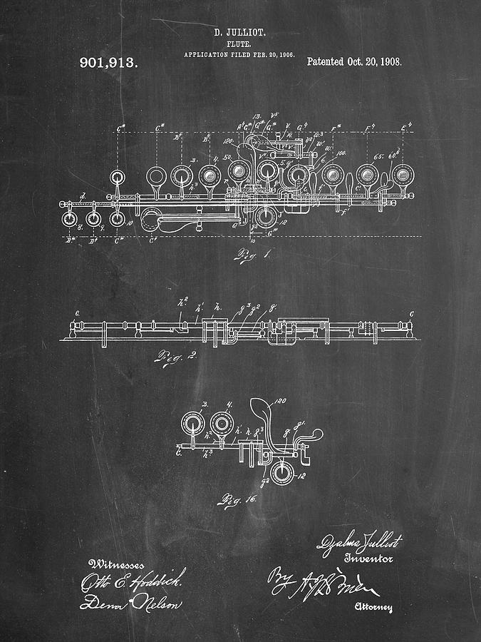 Flute Digital Art - Pp820-chalkboard Flute 1908 Patent Poster by Cole Borders