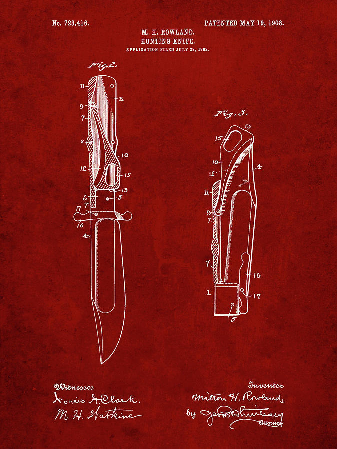 Knife Still Life Digital Art - Pp822-burgundy Folding Hunting Knife 1902 Patent Poster by Cole Borders