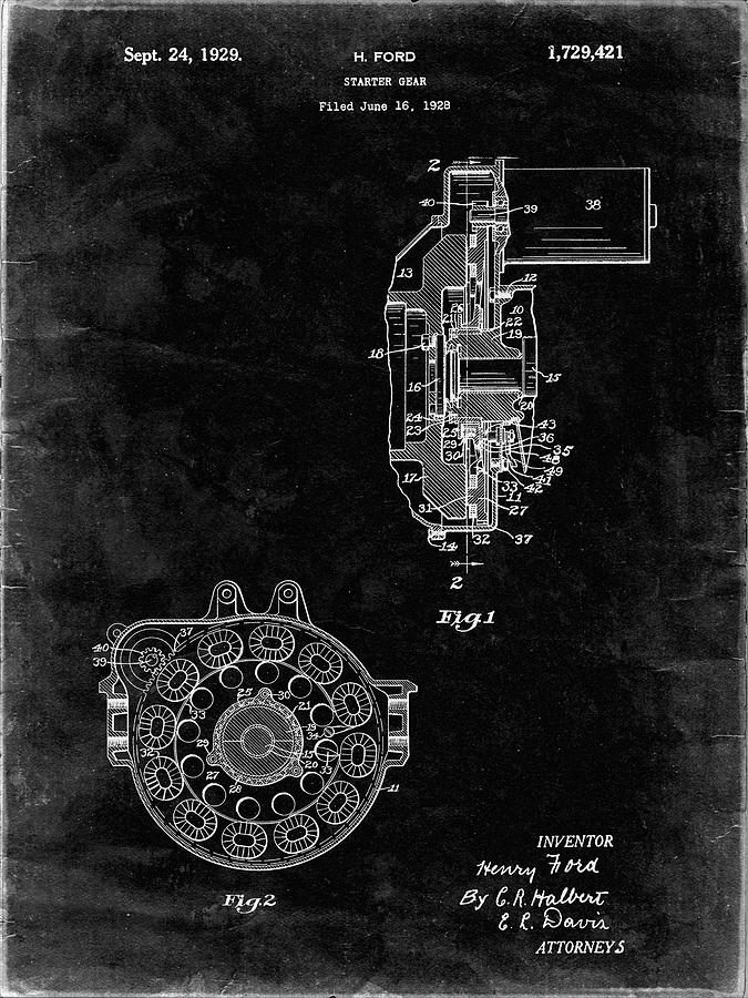 Patents Digital Art - Pp833-black Grunge Ford Car Starter Gear 1928 Patent Poster by Cole Borders