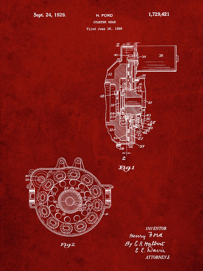 Patents Digital Art - Pp833-burgundy Ford Car Starter Gear 1928 Patent Poster by Cole Borders