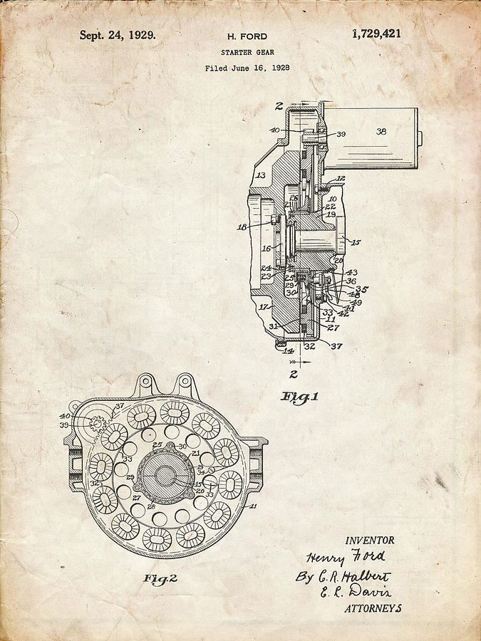 Patents Digital Art - Pp833-vintage Parchment Ford Car Starter Gear 1928 Patent Poster by Cole Borders
