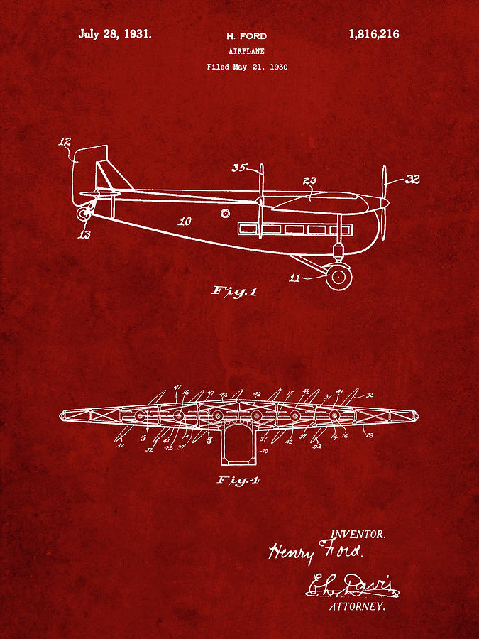 Airplane Digital Art - Pp849-burgundy Ford Tri-motor Airplane the Tin Goose Patent Poster by Cole Borders