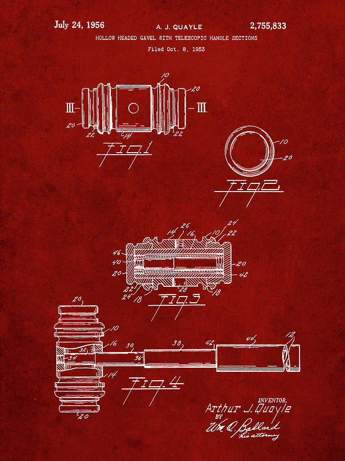 Objects Digital Art - Pp85-burgundy Gavel 1953 Patent Poster by Cole Borders