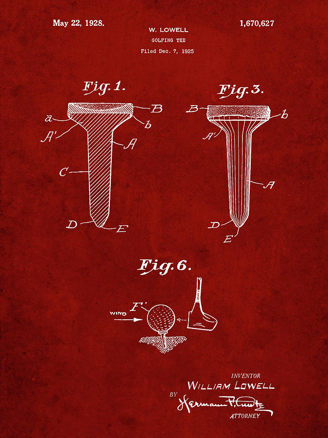 Golf Digital Art - Pp860-burgundy Golf Tee Patent Poster by Cole Borders