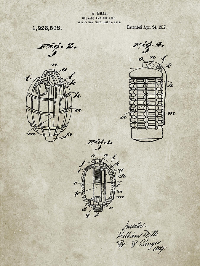 Grenade Digital Art - Pp866-sandstone Hand Grenade 1915 Patent Poster by Cole Borders
