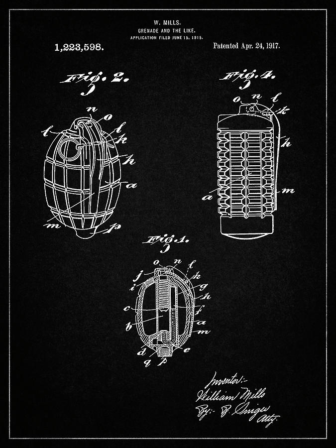 Grenade Digital Art - Pp866-vintage Black Hand Grenade 1915 Patent Poster by Cole Borders