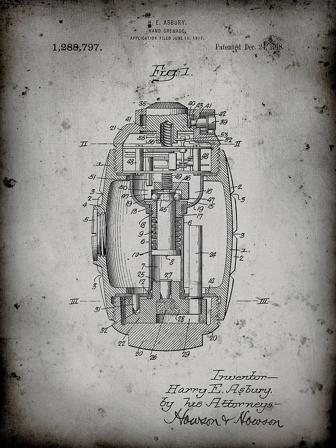 Hand Grenade Digital Art - Pp868-faded Grey Hand Grenade World War 1 Patent Poster by Cole Borders