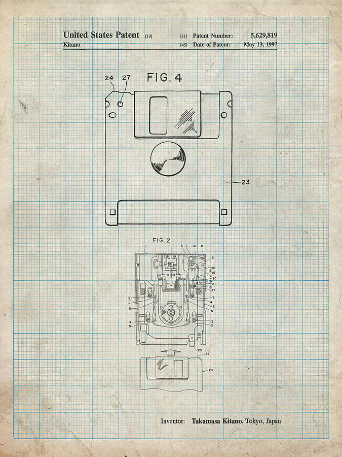 Objects Digital Art - Pp87-antique Grid Parchment 3 1/2 Inch Floppy Disk Patent Poster by Cole Borders