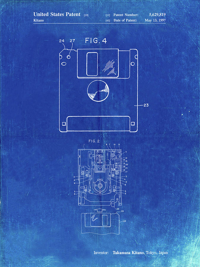 Objects Digital Art - Pp87-faded Blueprint 3 1/2 Inch Floppy Disk Patent Poster by Cole Borders