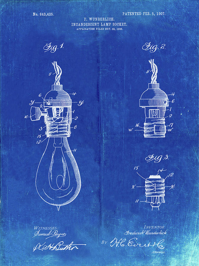 Lamp Digital Art - Pp890-faded Blueprint Incandescent Lamp Socket Patent Poster by Cole Borders