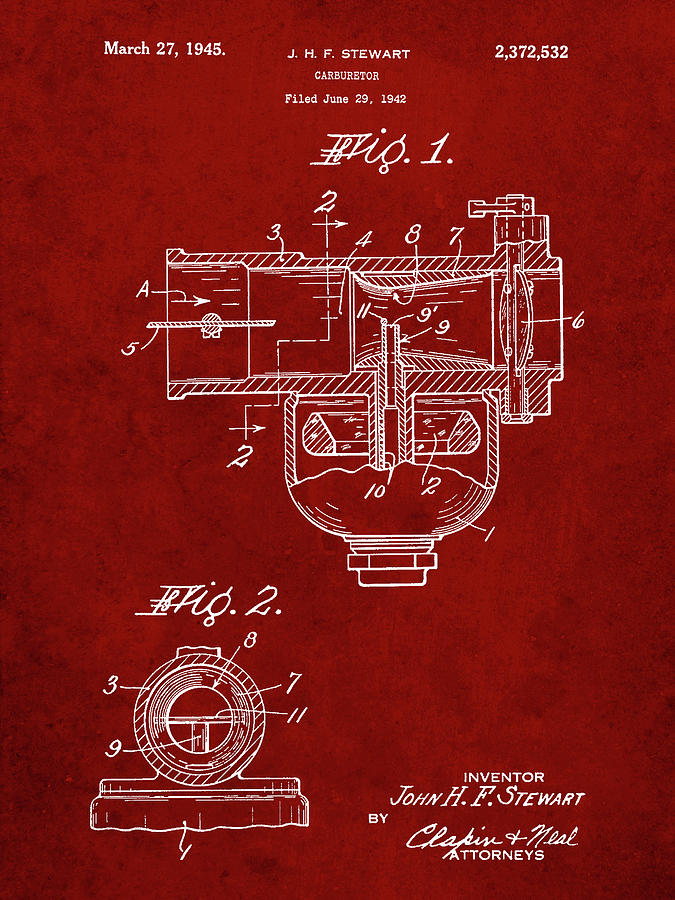 Motorhead Digital Art - Pp891-burgundy Indian Motorcycle Carburetor Patent Poster by Cole Borders
