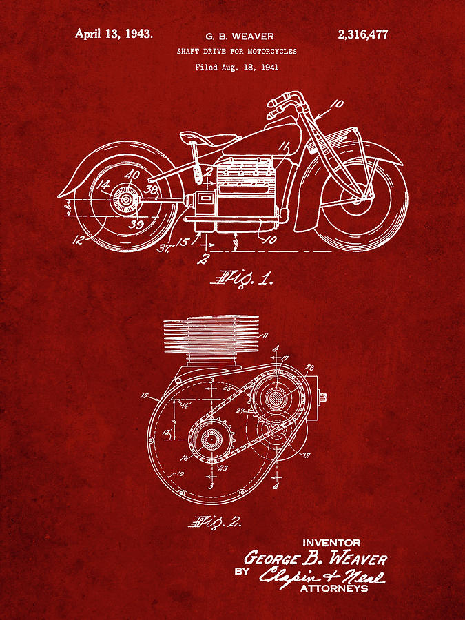 Motorcycle Decor Digital Art - Pp892-burgundy Indian Motorcycle Drive Shaft Patent Poster by Cole Borders
