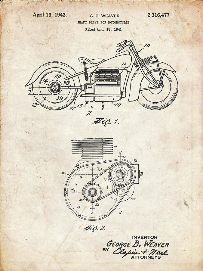 Motorcycle Decor Digital Art - Pp892-vintage Parchment Indian Motorcycle Drive Shaft Patent Poster by Cole Borders