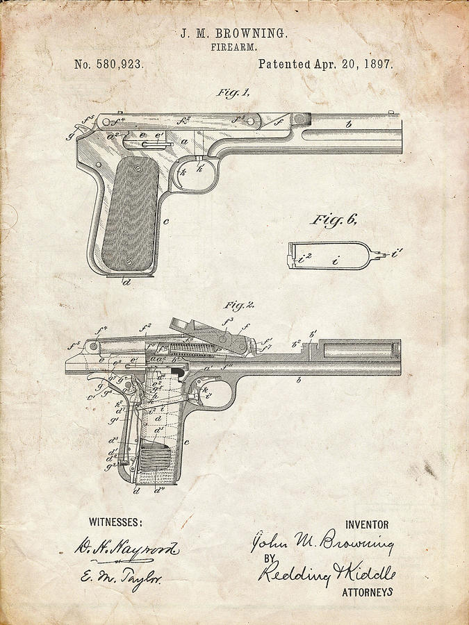 Pp894-vintage Parchment J.m. Browning Pistol Patent Poster Digital Art ...