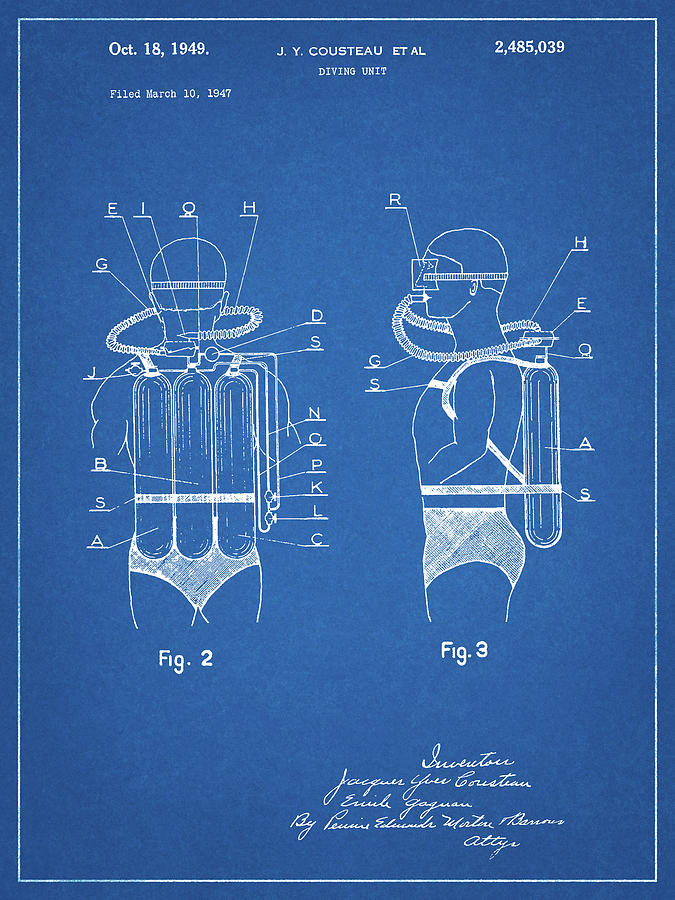 Diving Suit Digital Art - Pp897-blueprint Jacques Cousteau Diving Suit Patent Poster by Cole Borders