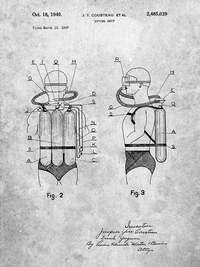 Diving Suit Digital Art - Pp897-slate Jacques Cousteau Diving Suit Patent Poster by Cole Borders