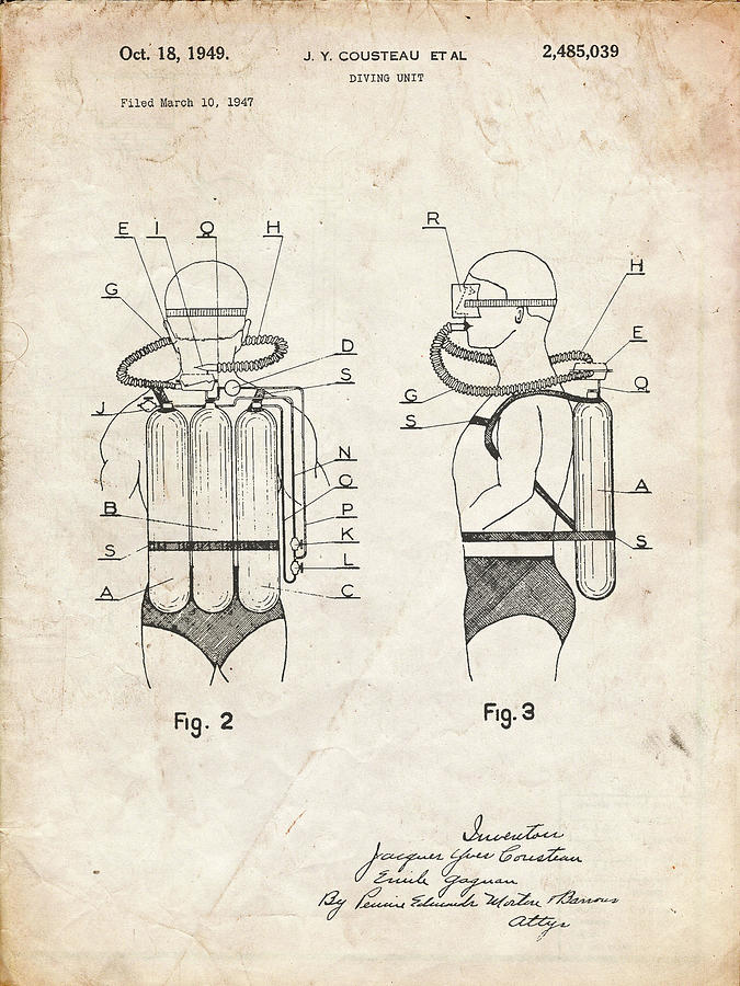 Diving Suit Digital Art - Pp897-vintage Parchment Jacques Cousteau Diving Suit Patent Poster by Cole Borders