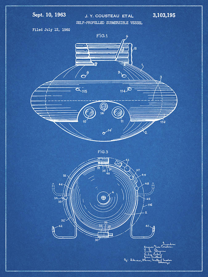 Submarine Digital Art - Pp898-blueprint Jacques Cousteau Submersible Vessel Patent Poster by Cole Borders