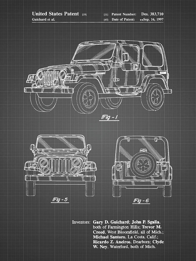Jeep Digital Art - Pp899-black Grid Jeep Wrangler 1997 Patent Poster by Cole Borders