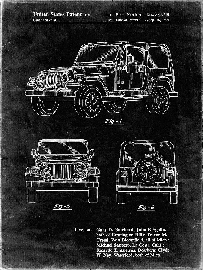 Jeep Digital Art - Pp899-black Grunge Jeep Wrangler 1997 Patent Poster by Cole Borders