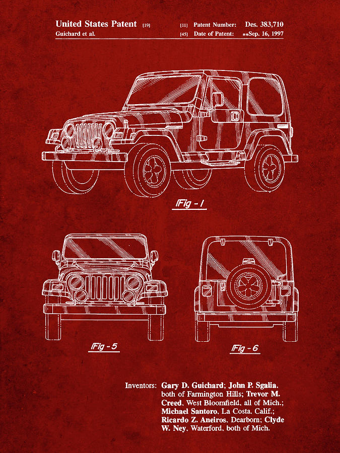 Jeep Digital Art - Pp899-burgundy Jeep Wrangler 1997 Patent Poster by Cole Borders