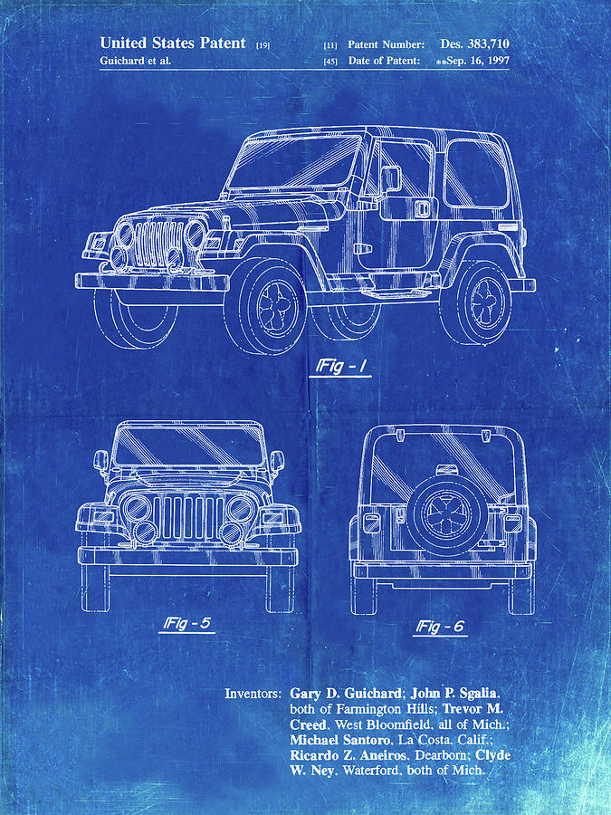 Jeep Digital Art - Pp899-faded Blueprint Jeep Wrangler 1997 Patent Poster by Cole Borders