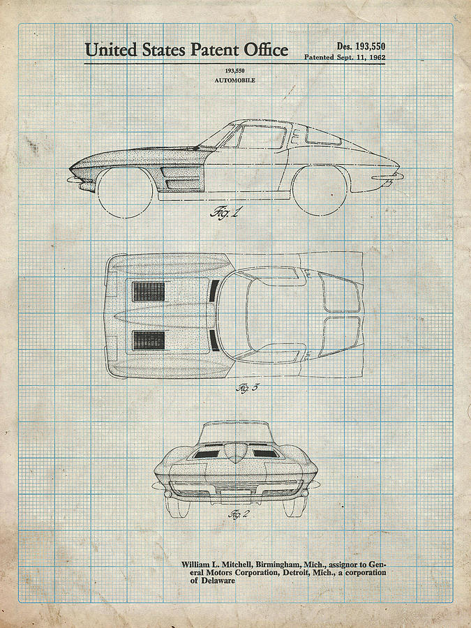 Transportation Digital Art - Pp90-antique Grid Parchment 1962 Corvette Stingray Patent Poster by Cole Borders