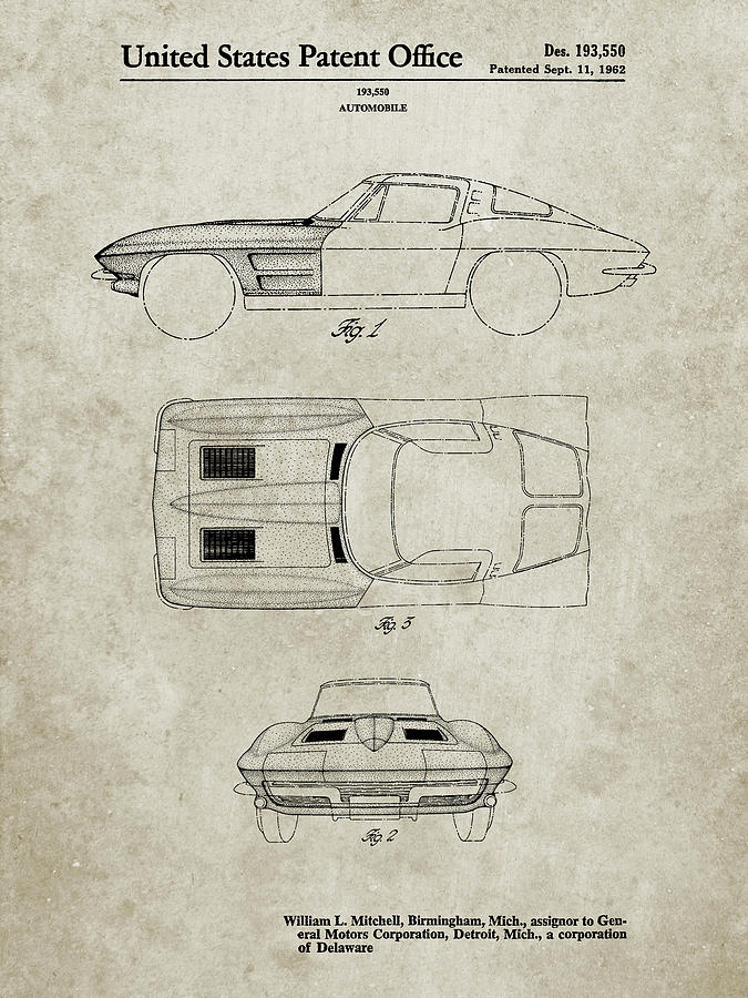 Transportation Digital Art - Pp90-sandstone 1962 Corvette Stingray Patent Poster by Cole Borders