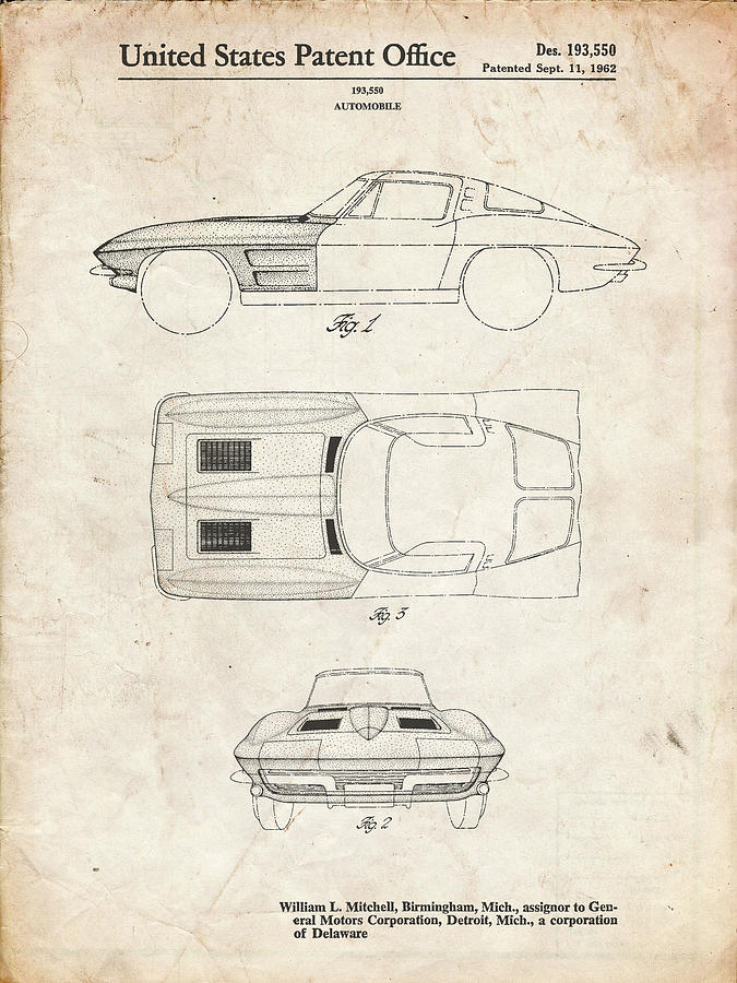 Transportation Digital Art - Pp90-vintage Parchment 1962 Corvette Stingray Patent Poster by Cole Borders