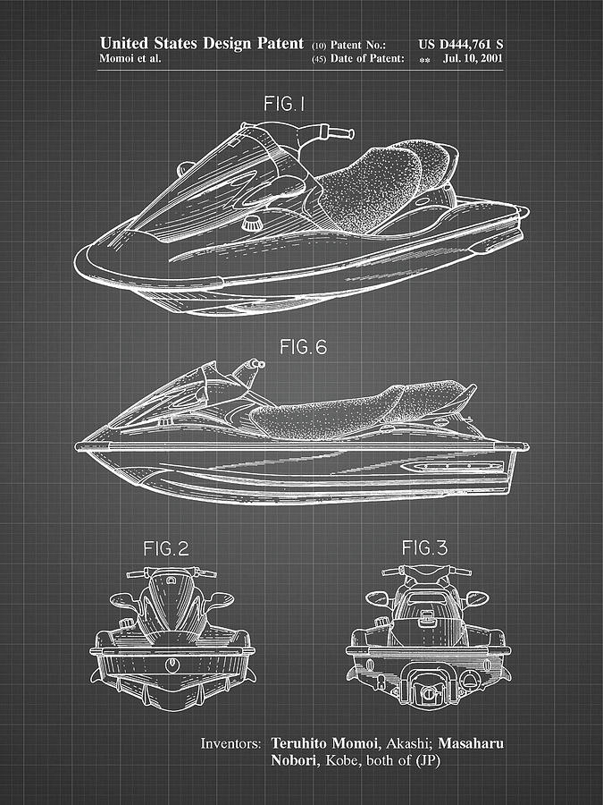 Boat Digital Art - Pp903-black Grid Kawasaki Water Scooter Patent by Cole Borders