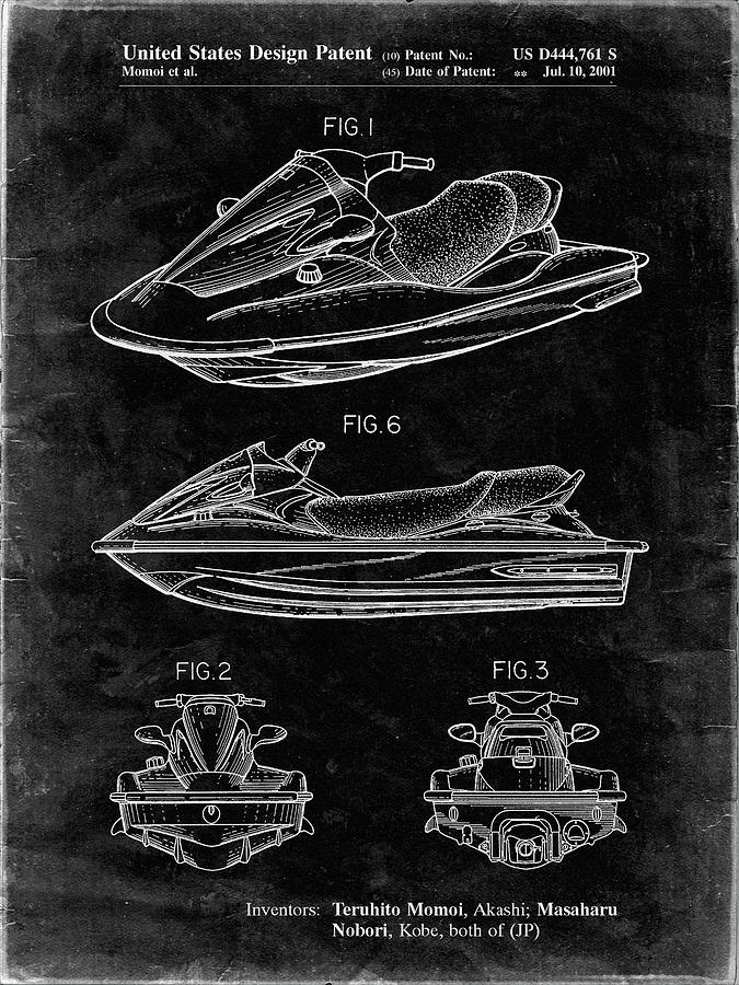 Boat Digital Art - Pp903-black Grunge Kawasaki Water Scooter Patent by Cole Borders