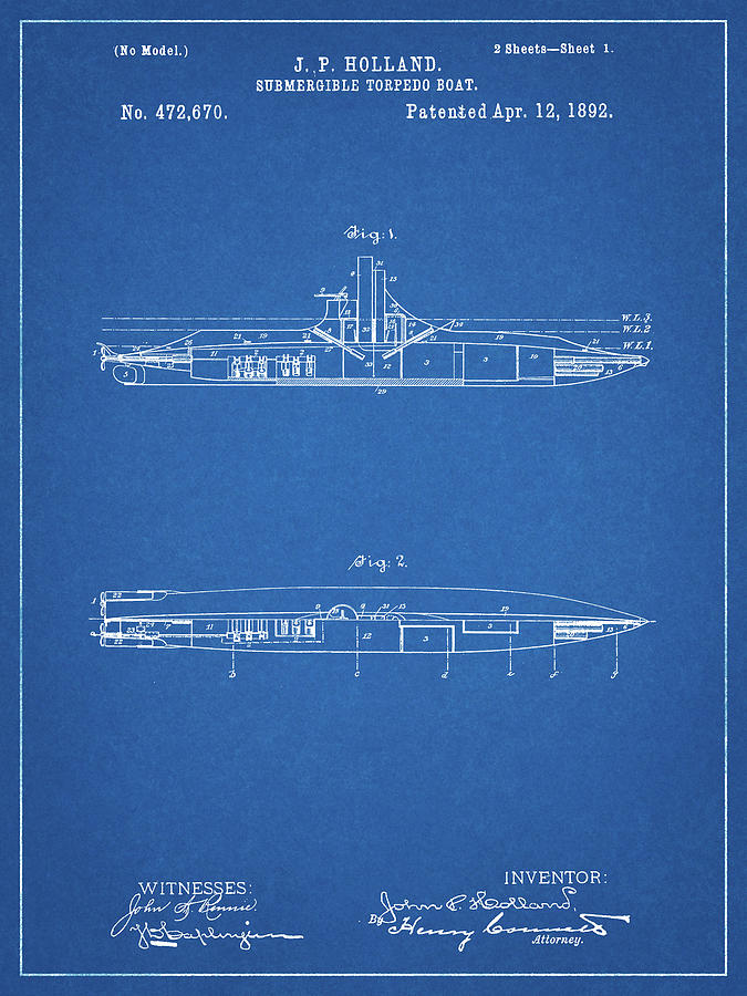 Transportation Digital Art - Pp91-blueprint Holland Submarine Patent Poster by Cole Borders