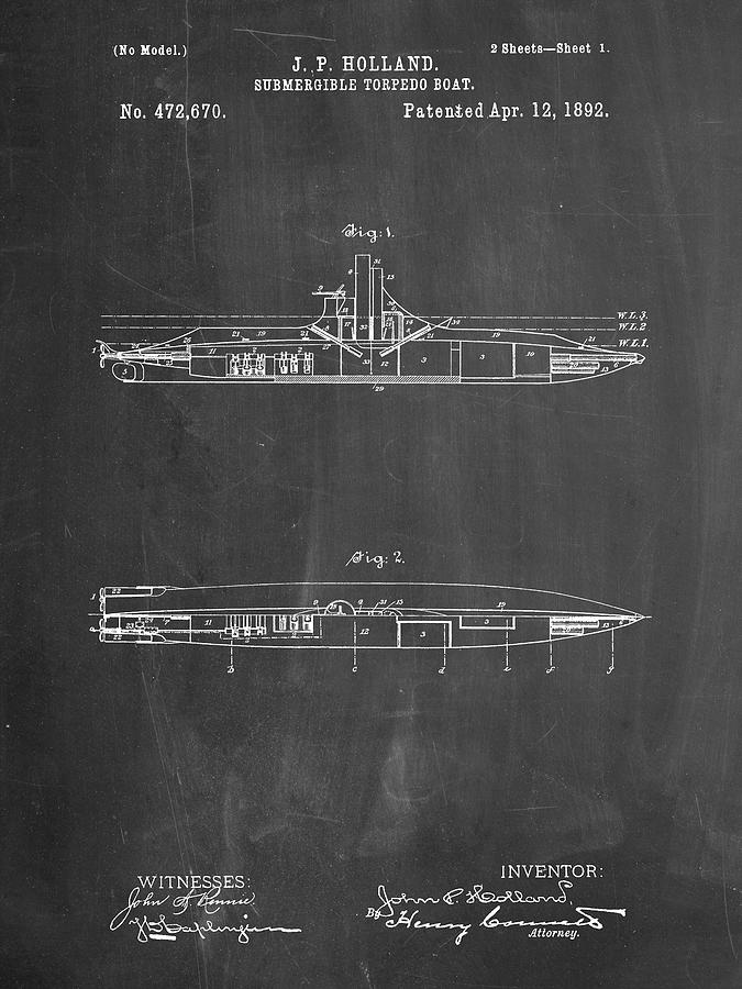Transportation Digital Art - Pp91-chalkboard Holland Submarine Patent Poster by Cole Borders