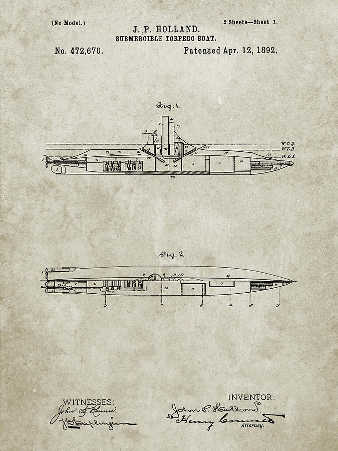 Transportation Digital Art - Pp91-sandstone Holland Submarine Patent Poster by Cole Borders