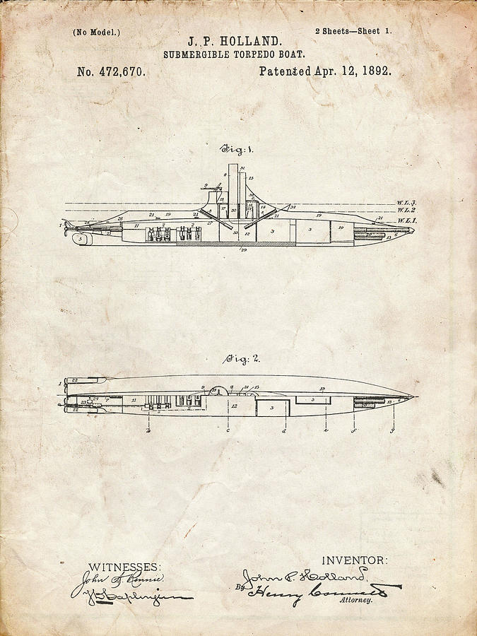 Pp91-vintage Parchment Holland Submarine Patent Poster Digital Art by Cole  Borders - Pixels
