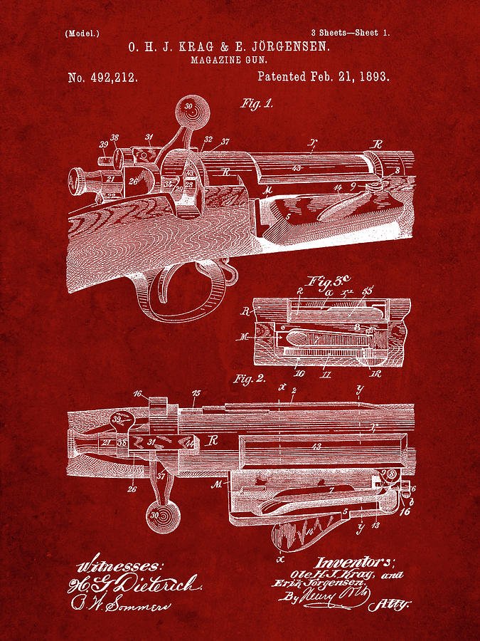 Gun Digital Art - Pp913-burgundy Krag J?rgensen Repeating Rifle Patent Print by Cole Borders