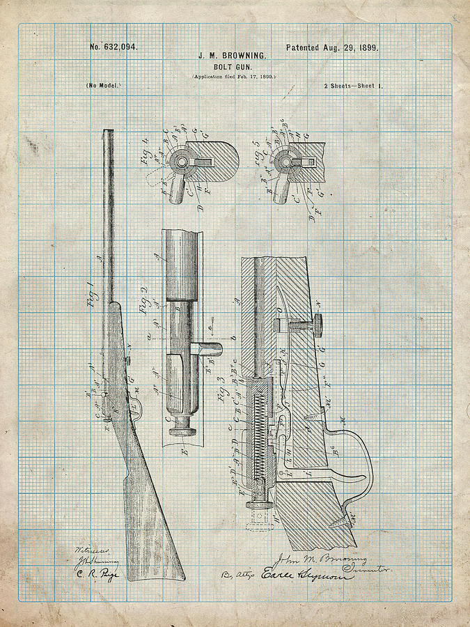 Sports Digital Art - Pp93-antique Grid Parchment Browning Bolt Action Gun Patent Poster by Cole Borders