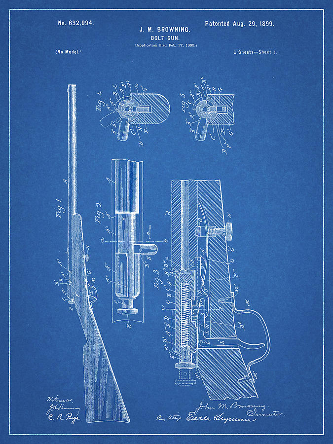 Sports Digital Art - Pp93-blueprint Browning Bolt Action Gun Patent Poster by Cole Borders