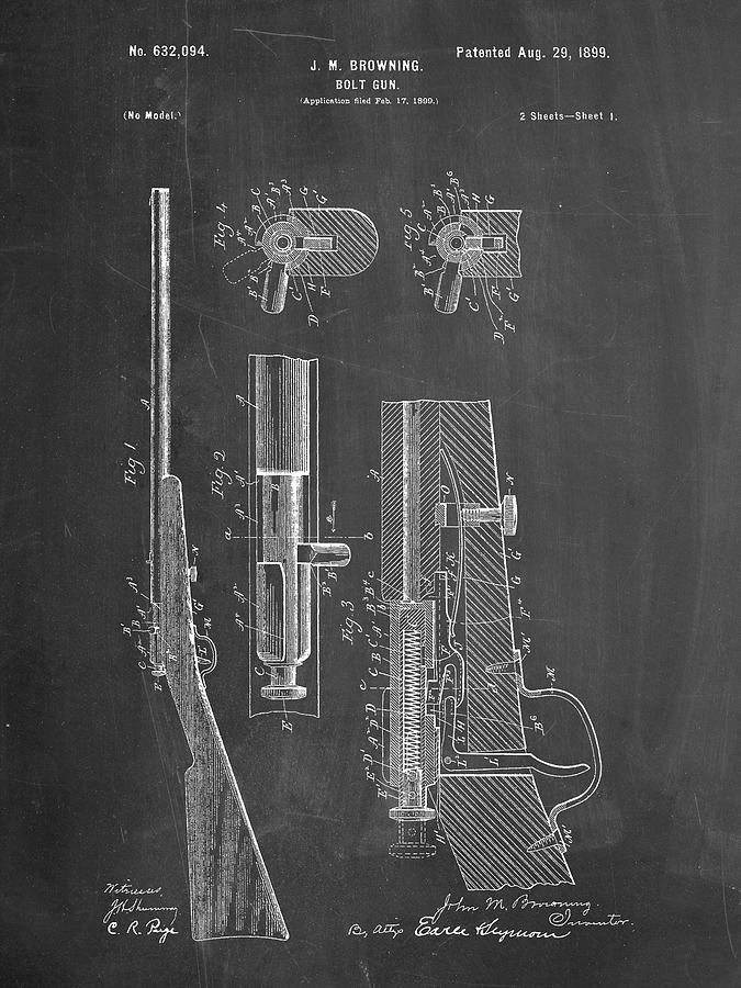 Sports Digital Art - Pp93-chalkboard Browning Bolt Action Gun Patent Poster by Cole Borders