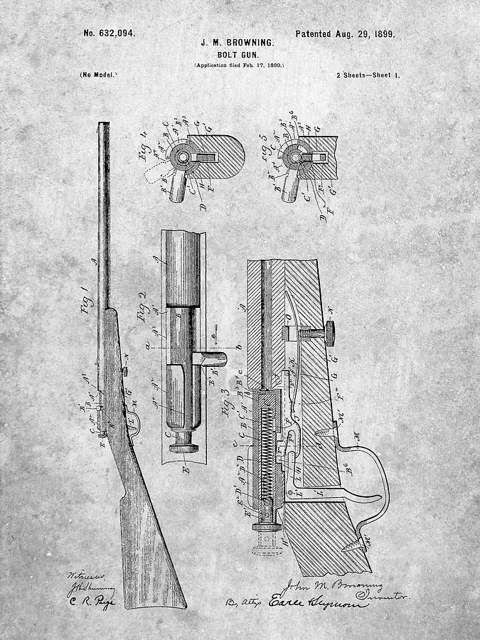 Sports Digital Art - Pp93-slate Browning Bolt Action Gun Patent Poster by Cole Borders