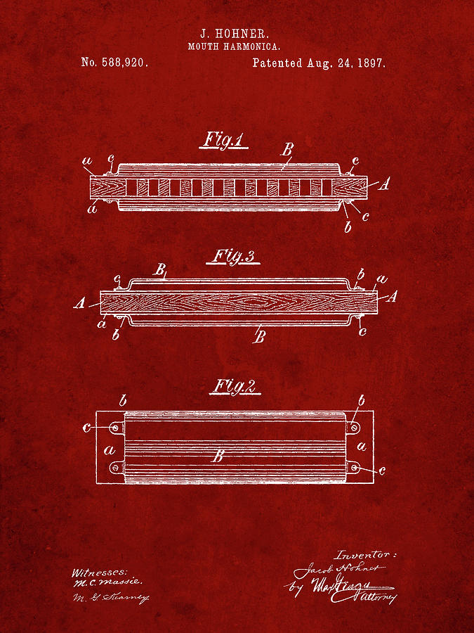 Neil Young Digital Art - Pp94-burgundy Hohner Harmonica Patent Poster by Cole Borders