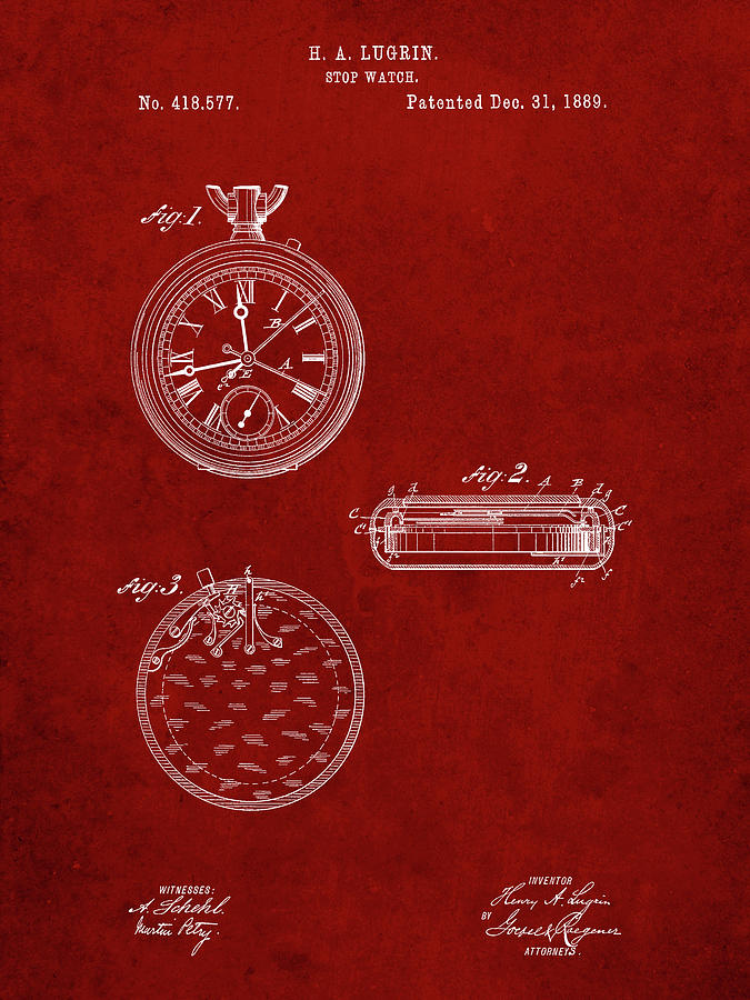 Pocket Watch Digital Art - Pp940-burgundy Lemania Swiss Stopwatch Patent Poster by Cole Borders