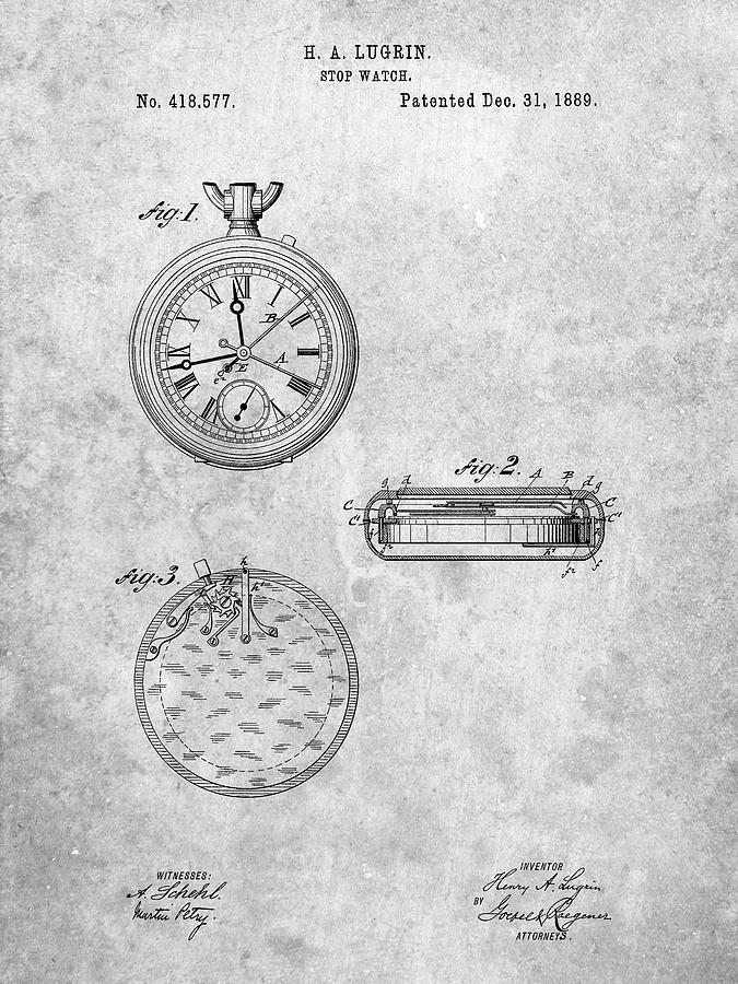 Pocket Watch Digital Art - Pp940-slate Lemania Swiss Stopwatch Patent Poster by Cole Borders