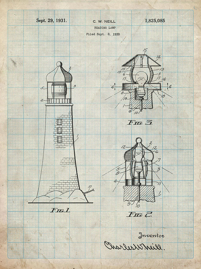 Lighthouse Digital Art - Pp941-antique Grid Parchment Lighthouse Patent Poster by Cole Borders