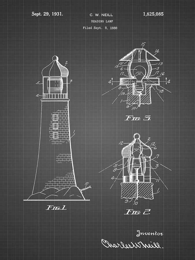 Lighthouse Digital Art - Pp941-black Grid Lighthouse Patent Poster by Cole Borders