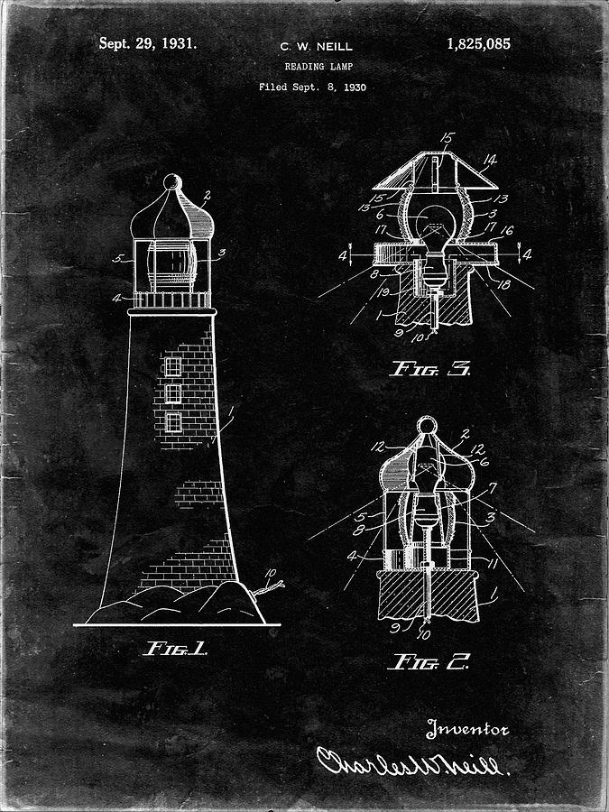 Lighthouse Digital Art - Pp941-black Grunge Lighthouse Patent Poster by Cole Borders